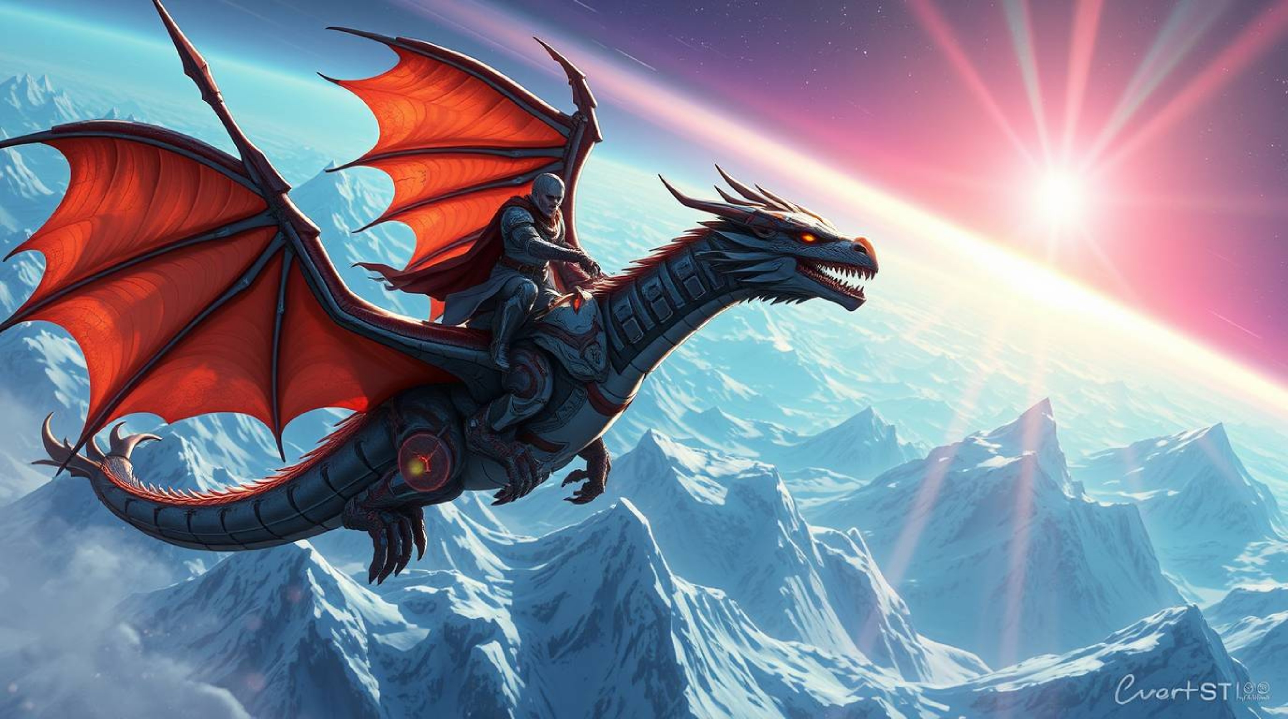 A breathtaking futuristic sci-fi illustration depicts a sleek, powerful dragon and its rider in advanced armor soaring above 