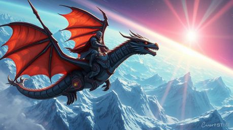 A breathtaking futuristic sci-fi illustration depicts a sleek, powerful dragon and its rider in advanced armor soaring above 