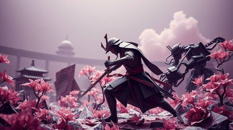 Explore a surreal and unsettling dystopian world in this infrared image, featuring a samurai locked in a fierce battle with a