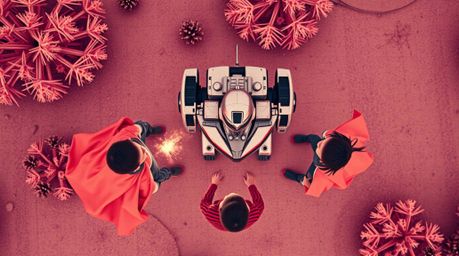 Witness an otherworldly battle!  This surreal image depicts three superpowered children facing off against a formidable robot