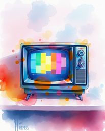 A delicate watercolor painting creates a dreamy atmosphere, focusing on a retro-style TV screen displaying glitch static and 