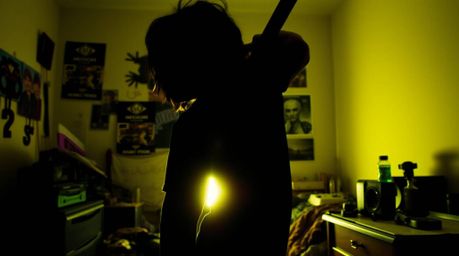 Explore a silhouetted, backlit image capturing a messy bedroom filled with unusual gadgets and posters. The light source orig