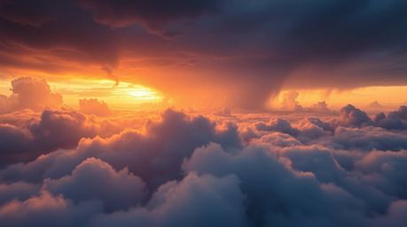 A stunning digital painting showcases a bird's-eye view of dramatic thunderstorm clouds illuminated by the vibrant hues of a 