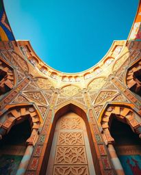This bold acrylic painting captures the beauty of Islamic geometric patterns carved in stone, viewed from a dramatic low angl