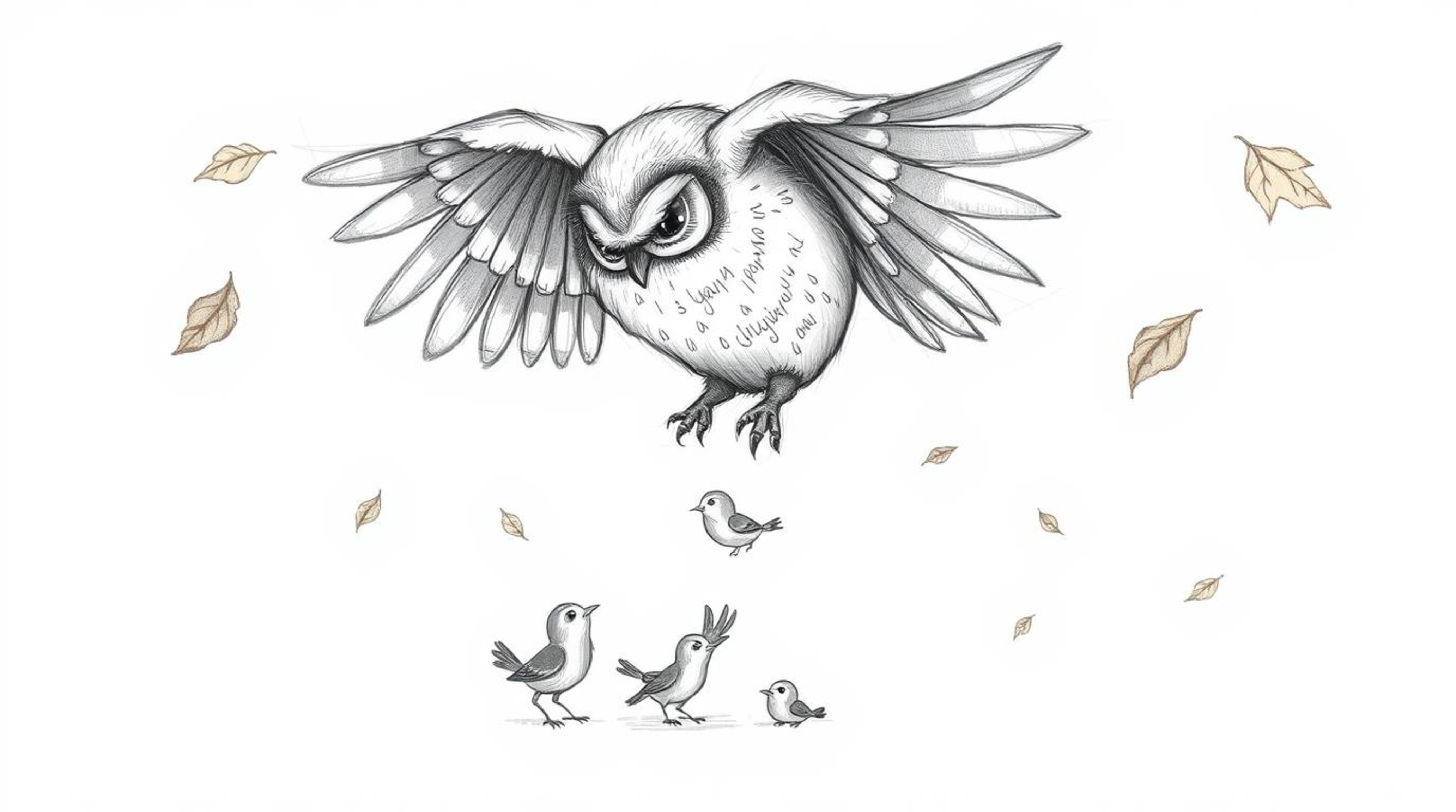 A heartwarming hand-drawn sketch in the style of Pixar depicts a blind owl with soft, downy feathers gently guiding several s