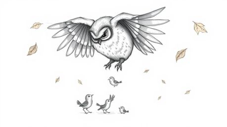 A heartwarming hand-drawn sketch in the style of Pixar depicts a blind owl with soft, downy feathers gently guiding several s