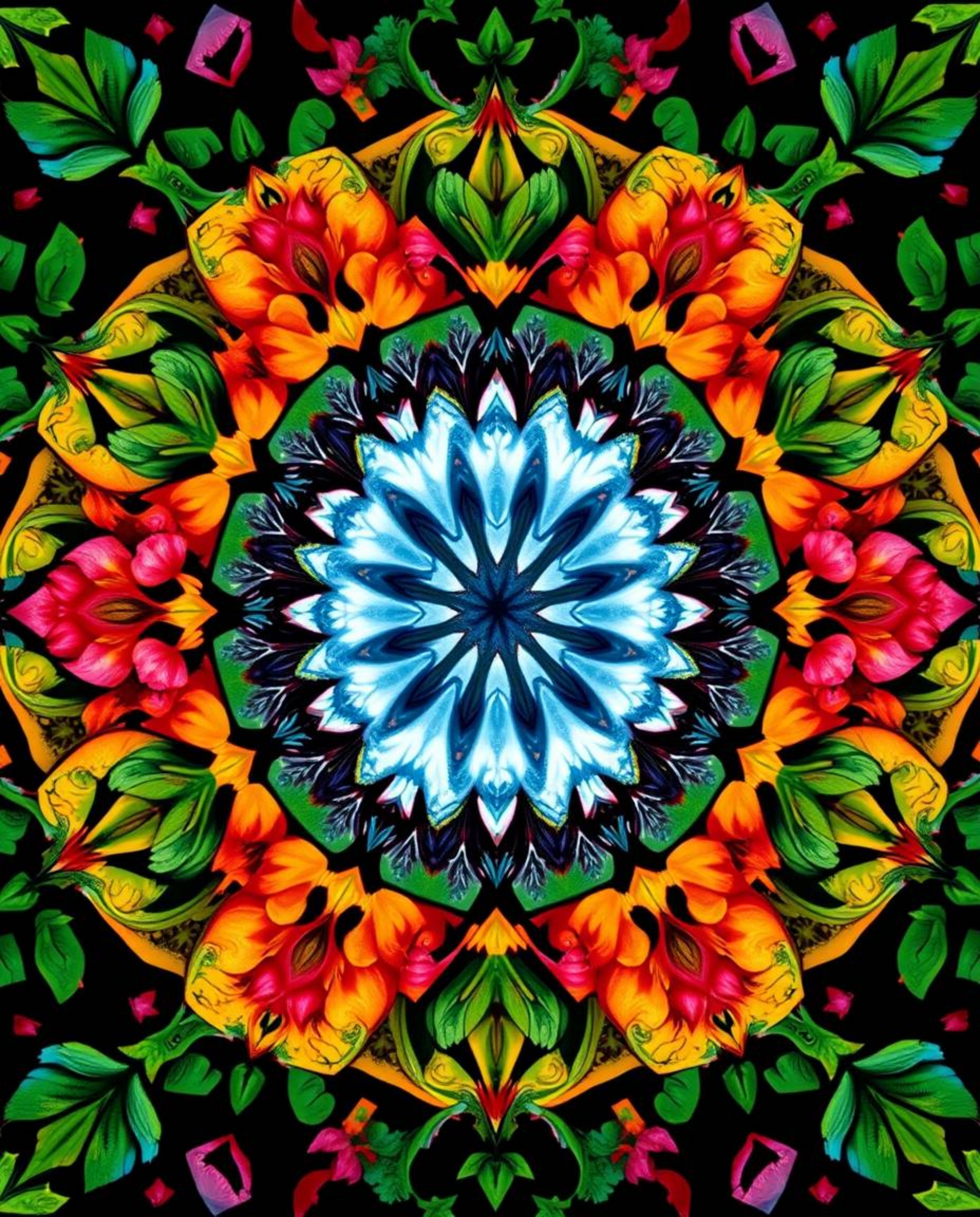 This artwork features a geometric floral mandala rendered in vibrant colors and a symmetric design. A distinct split in the m