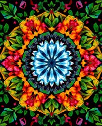 This artwork features a geometric floral mandala rendered in vibrant colors and a symmetric design. A distinct split in the m