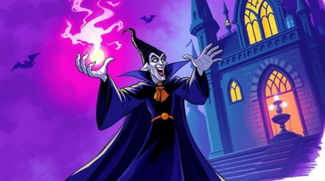 A captivating illustration of a classic Disney villain casting a spell within a gothic castle. Rendered in a vibrant sketchn