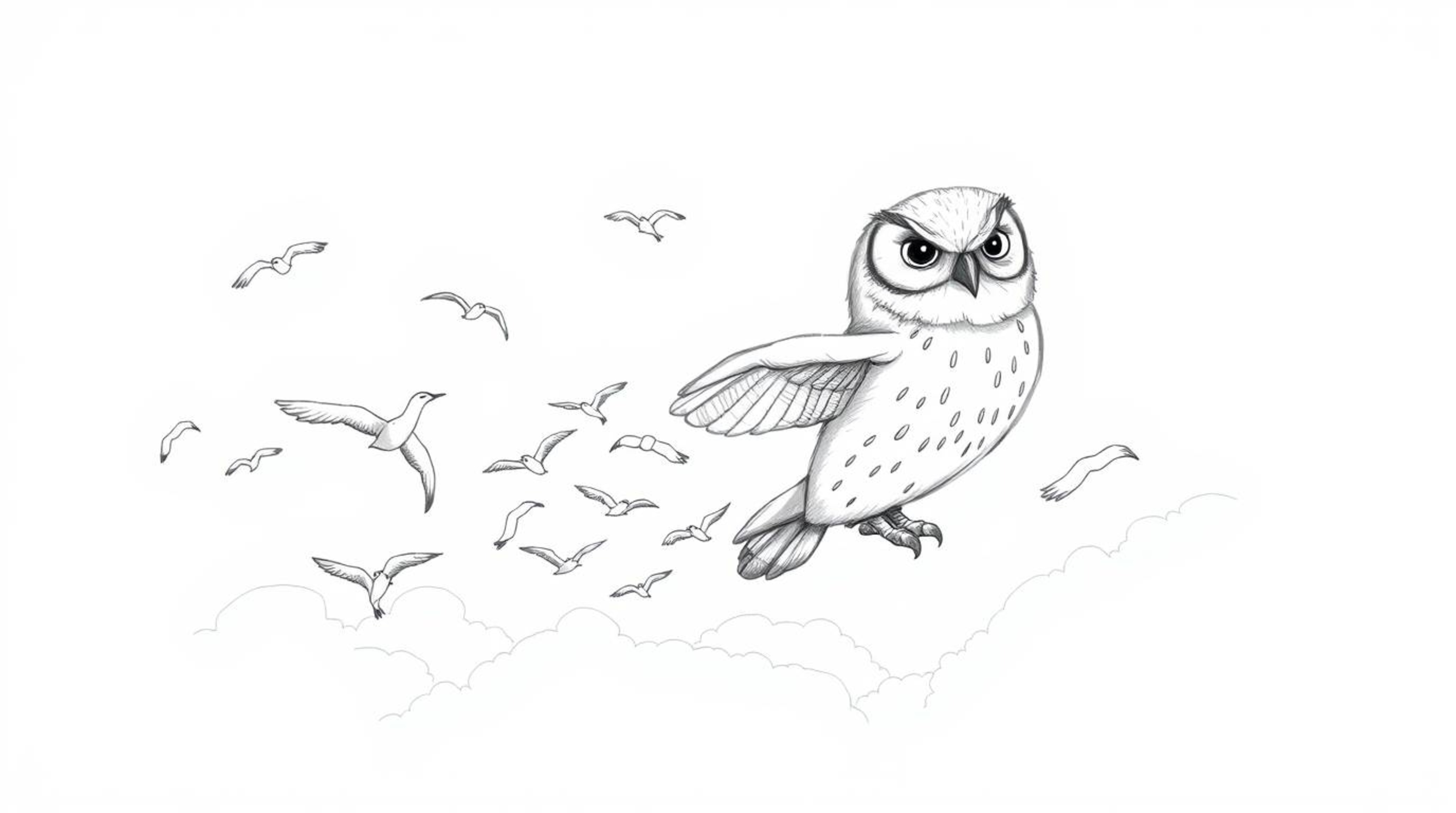 A captivating hand-drawn sketch depicts a blind owl with smooth, detailed feathers gently guiding a flock of birds in flight 