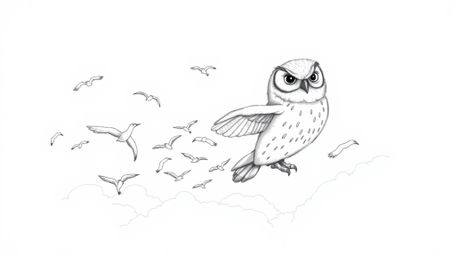 A captivating hand-drawn sketch depicts a blind owl with smooth, detailed feathers gently guiding a flock of birds in flight 