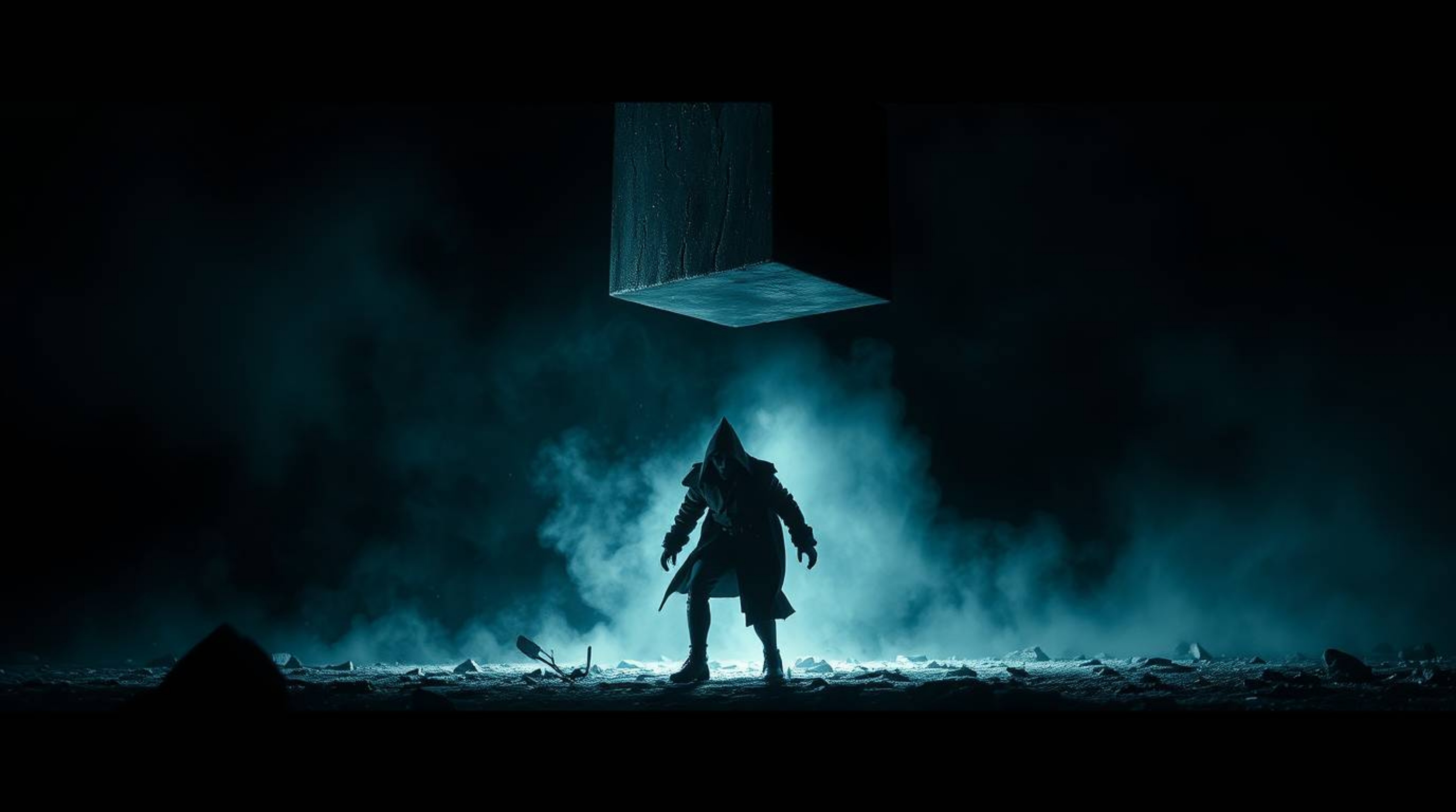 A chilling image captures the impending doom of a trickster character as an anvil is poised to drop, rendered in a high contr