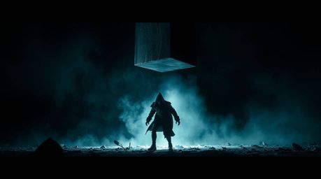 A chilling image captures the impending doom of a trickster character as an anvil is poised to drop, rendered in a high contr