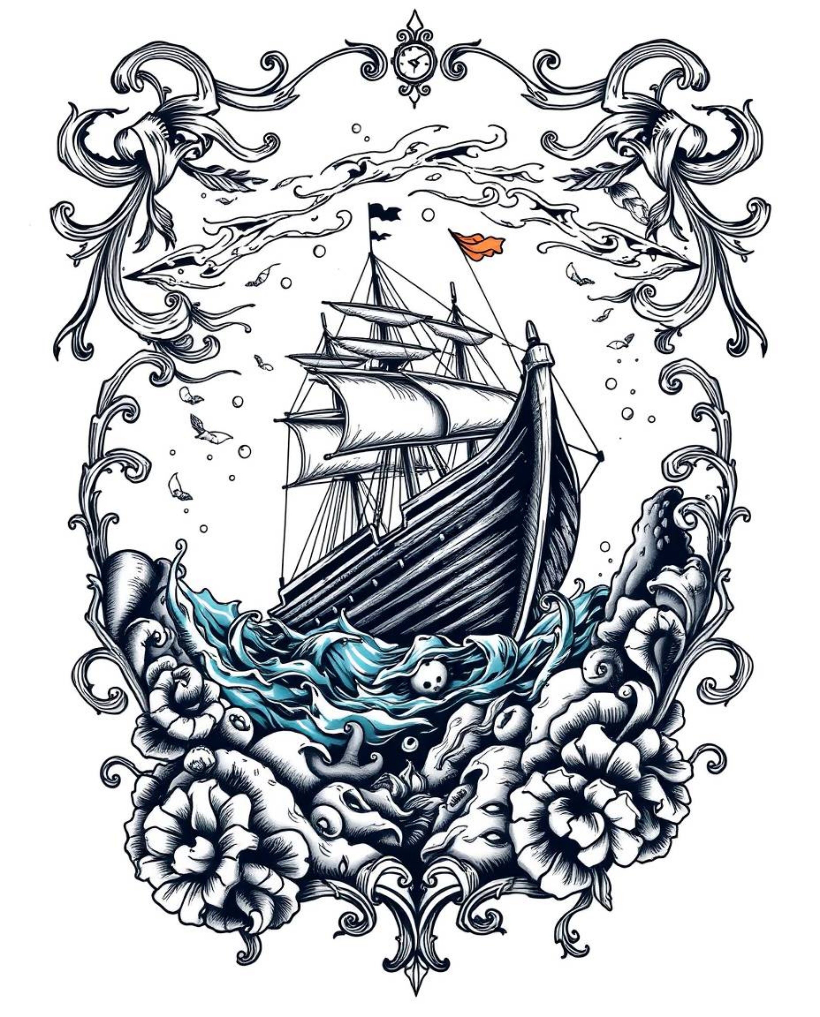 This classic black and white tattoo art print features a captivating shipwreck illuminated deep underwater. It boasts a timel