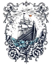 This classic black and white tattoo art print features a captivating shipwreck illuminated deep underwater. It boasts a timel