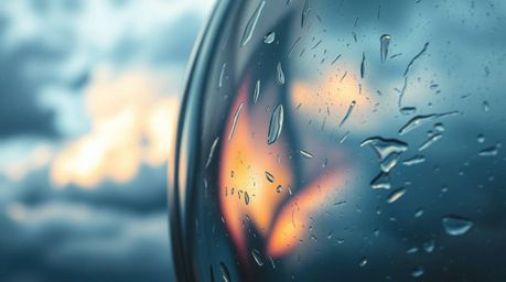 A captivating close-up detail of a glass object showcasing smooth gradient textures and an intense dramatic weather scene wit