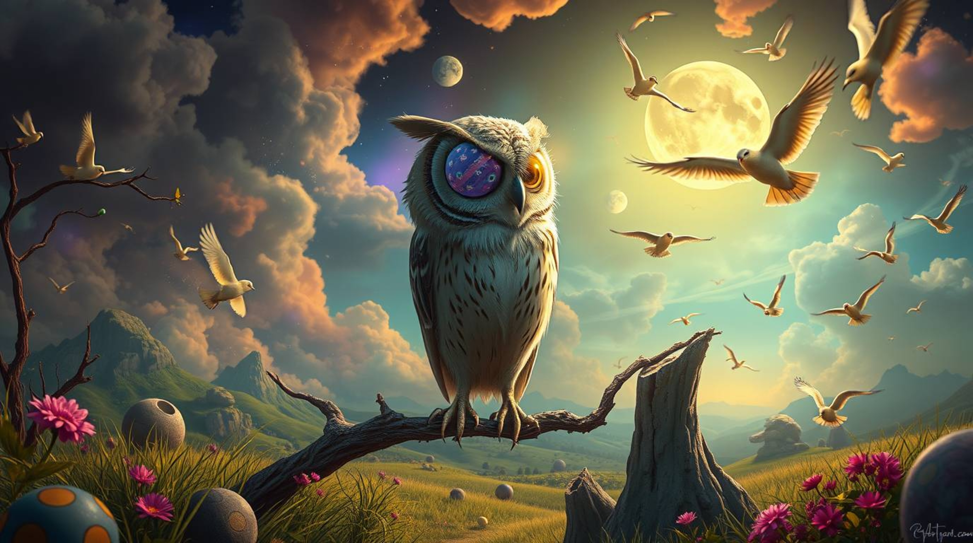 Experience a dreamlike and surreal scene depicting a blind owl, rendered in Pixar style, as it imparts wisdom to a flock of b