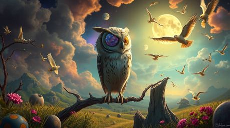 Experience a dreamlike and surreal scene depicting a blind owl, rendered in Pixar style, as it imparts wisdom to a flock of b