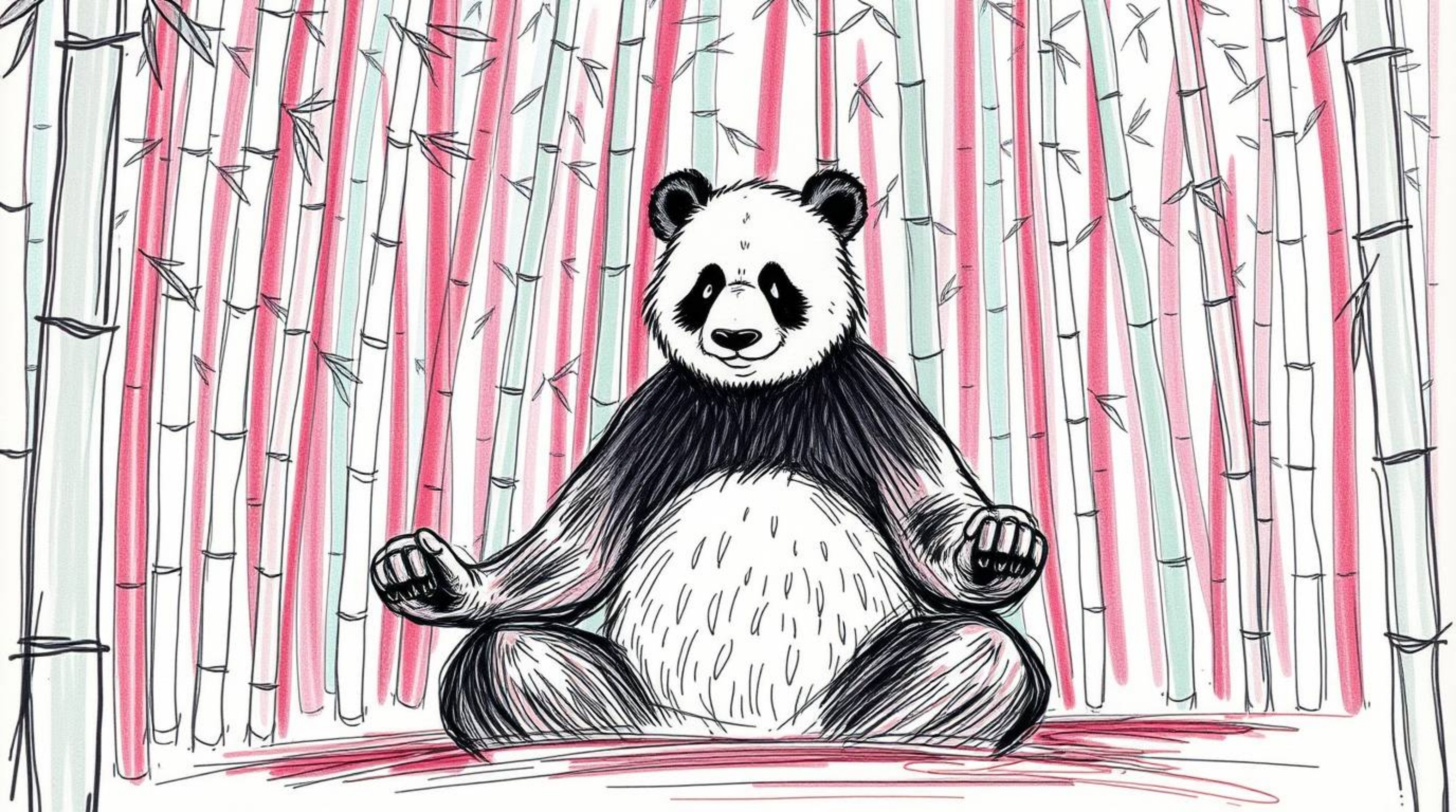 Explore a surreal, hand-drawn sketch featuring a meditating panda martial artist in a serene bamboo forest. The artwork utili