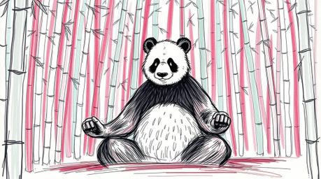 Explore a surreal, hand-drawn sketch featuring a meditating panda martial artist in a serene bamboo forest. The artwork utili