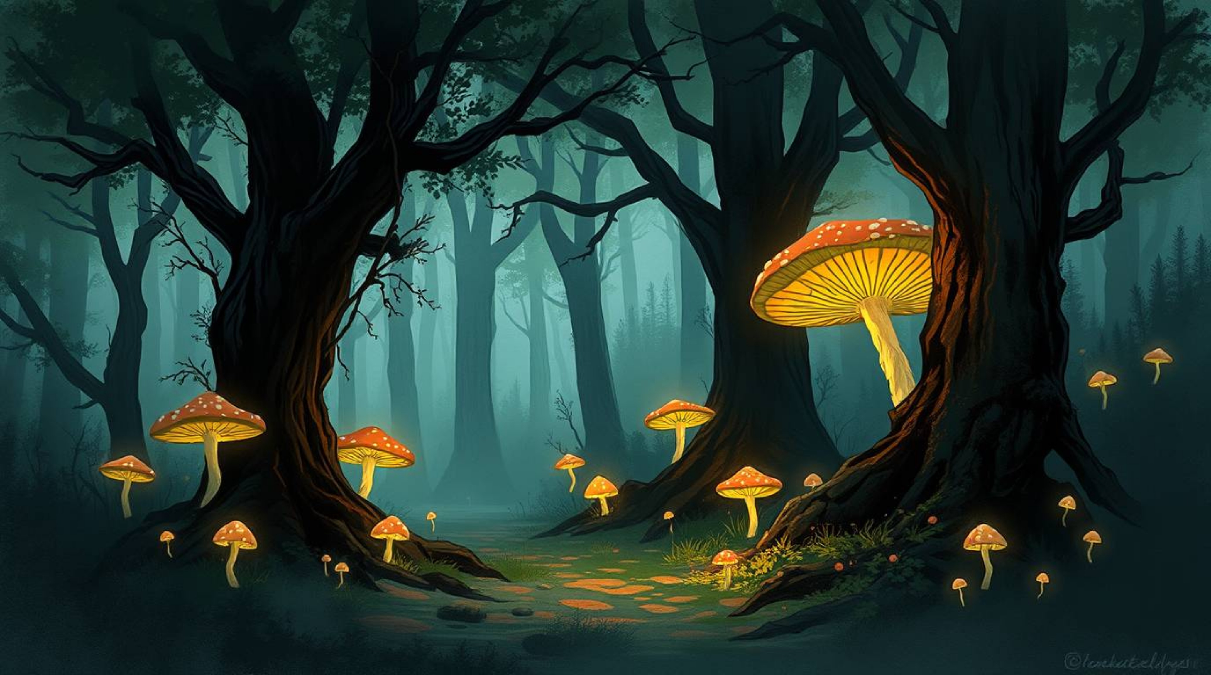 Explore a vintage-style enchanted forest depicted in a digital sketch, featuring glowing mushrooms and loose, painterly strok