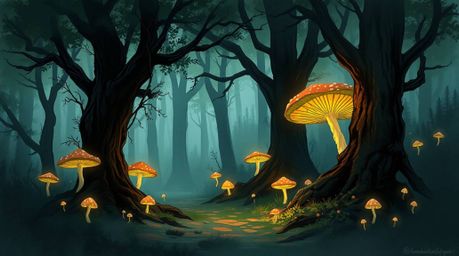 Explore a vintage-style enchanted forest depicted in a digital sketch, featuring glowing mushrooms and loose, painterly strok