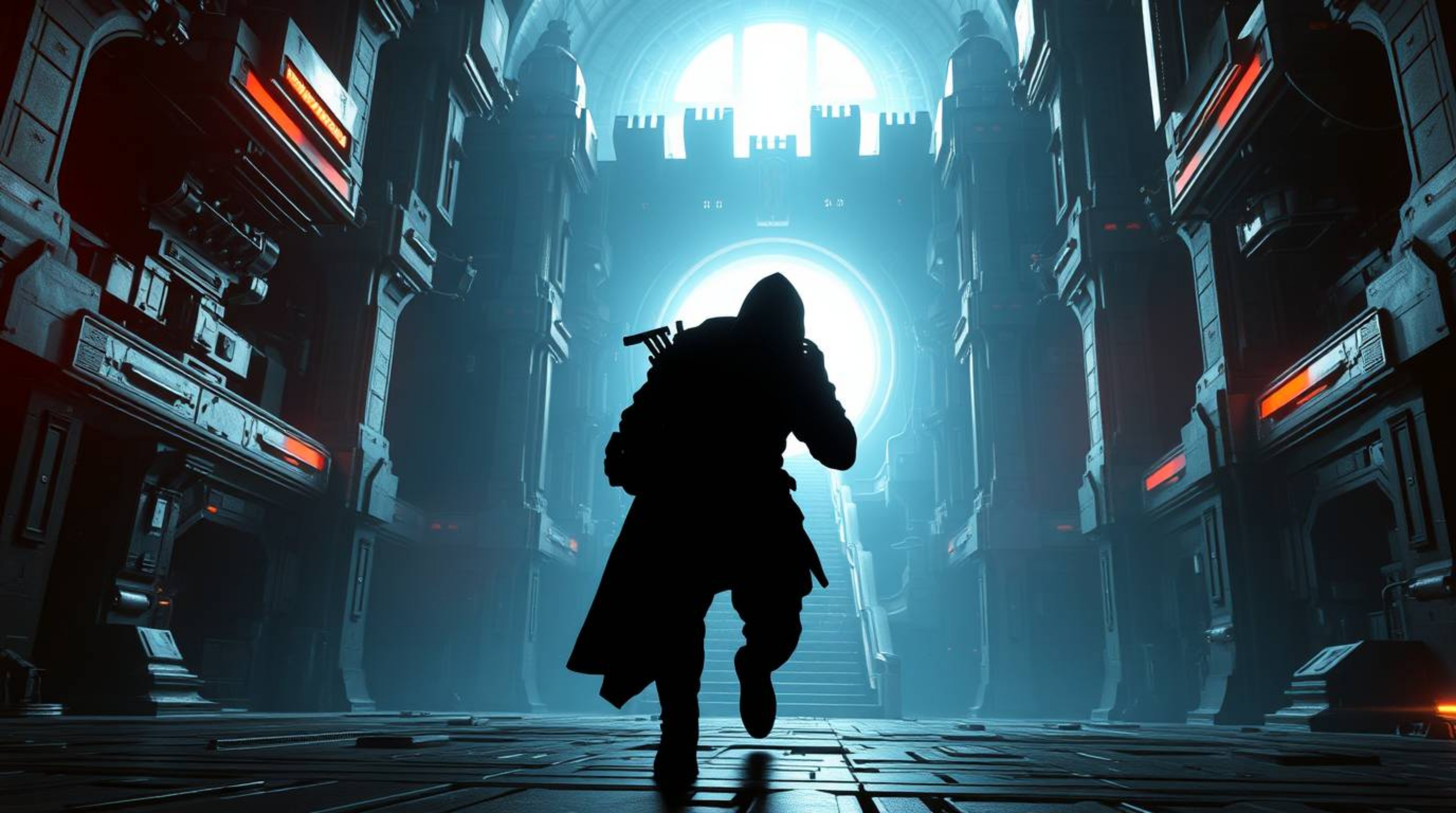 An image depicting a thief skillfully sneaking into a heavily guarded, futuristic sci-fi castle. The subject is silhouetted a
