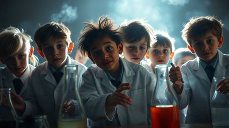 A captivating scene unfolds showcasing a group of quirky kids, their distinct facial features and diverse skin tones emphasiz
