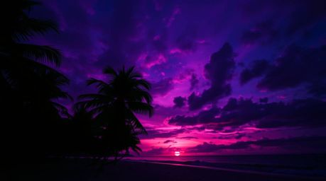 Experience the breathtaking beauty of a tropical beach sunset, where palm trees sway gently under intensely dramatic lighting