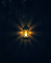 A captivating geometric logo design showcases a glowing lantern within a dark forest setting.  Volumetric lighting techniques