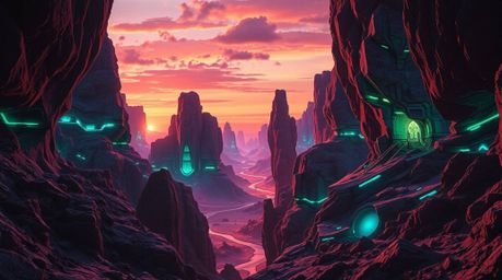 Explore a breathtaking rocky canyon rendered in a futuristic sci-fi style.  Bioluminescent colors illuminate the vibrant rock