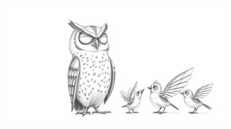 A textured pencil sketch in a Pixar style depicts a serene, blind owl guiding small birds in designing their dream wings. The