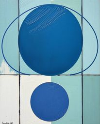 This stunning oil painting embodies a classic artistic vision, rendered in cool, calming colors.  A minimalist geometric patt
