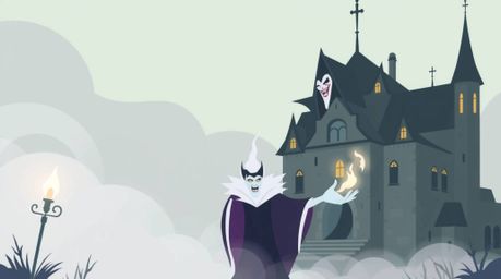 This modern flat design illustration features a classic Disney villain with sharp features and pale skin casting a spell in a