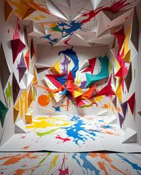 A room exploding with paint rendered in an intricate origami style features folded paper aesthetics, sharp lines, and geometr
