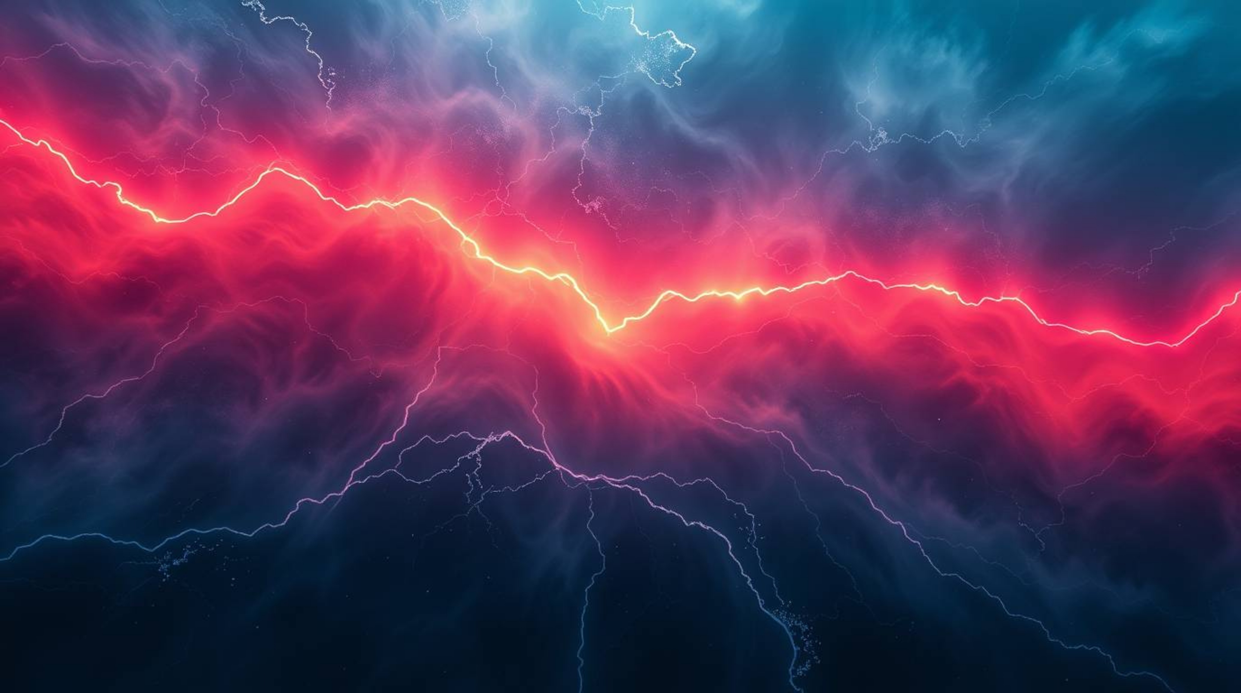 A captivating digital artwork showcases a dramatic weather scene from a bird's-eye perspective. Neon gradient textures flow a