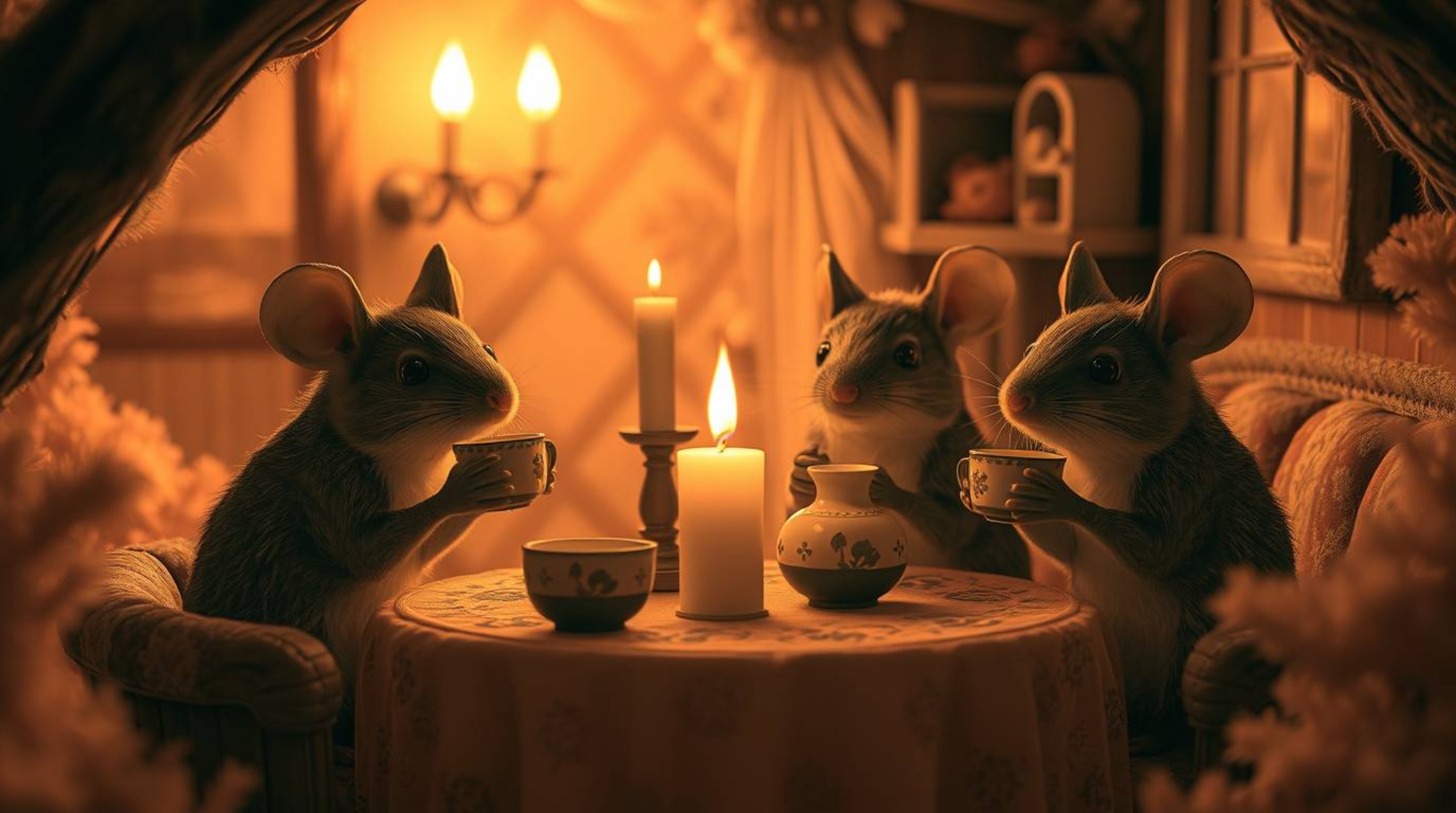 Experience a surreal tea party in a cozy cottage, illuminated by warm candlelight and captured in stunning infrared tones. An