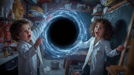 In a vibrant, cinematic photograph rendered in a hyper-realistic, Pixar-inspired style, a dynamic science fair duo unwittingl