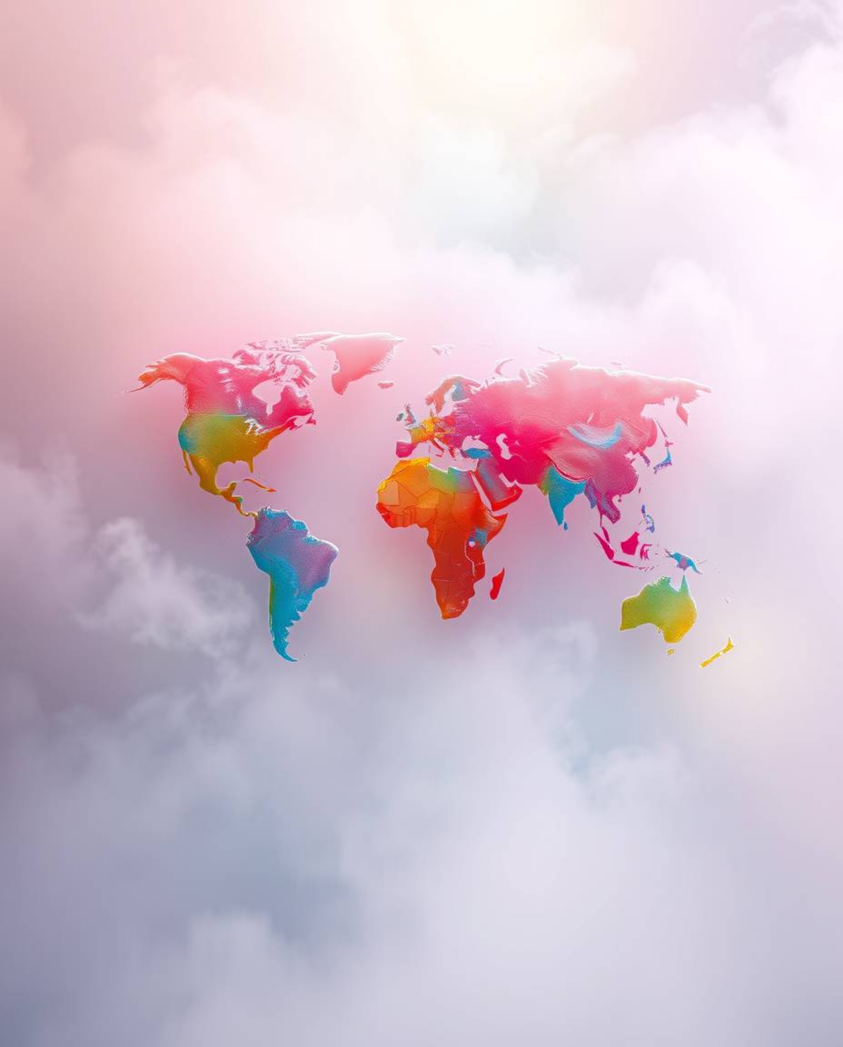 Immerse yourself in a dreamy atmosphere with soft pastel colors and gentle light, featuring a world map creatively formed fro
