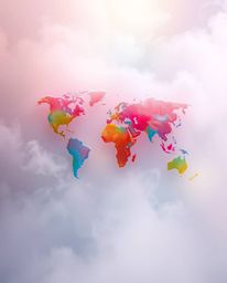 Immerse yourself in a dreamy atmosphere with soft pastel colors and gentle light, featuring a world map creatively formed fro