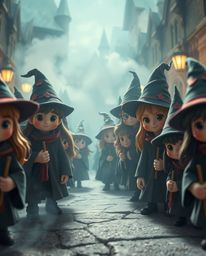 Step into a magical school brimming with young wizards, all captured in a soft, cinematic haze. Adorable and cute characters 