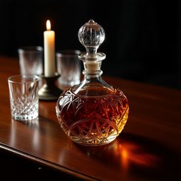 A sophisticated scene featuring a luxurious glass decanter brimming with rich, amber whiskey. Intricate engravings and a hea