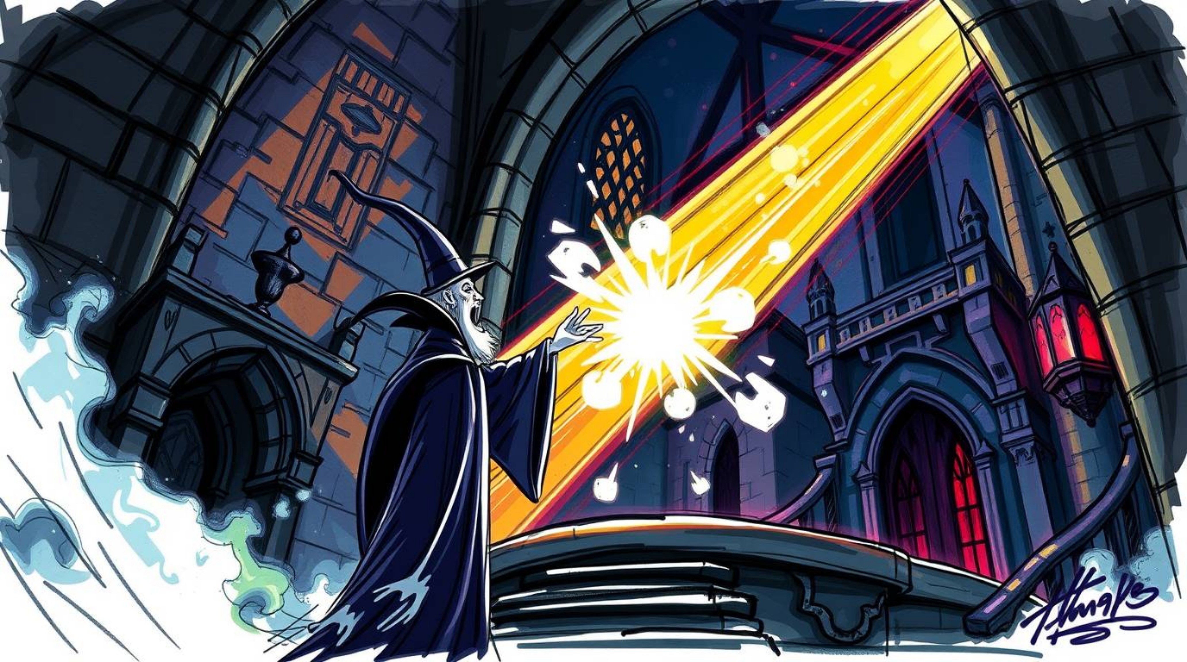 A captivating hand-drawn sketchnote depicts a classic Disney villain casting a spell within a crumbling old castle.  The illu