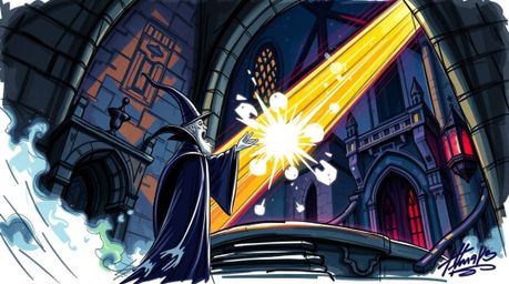 A captivating hand-drawn sketchnote depicts a classic Disney villain casting a spell within a crumbling old castle.  The illu