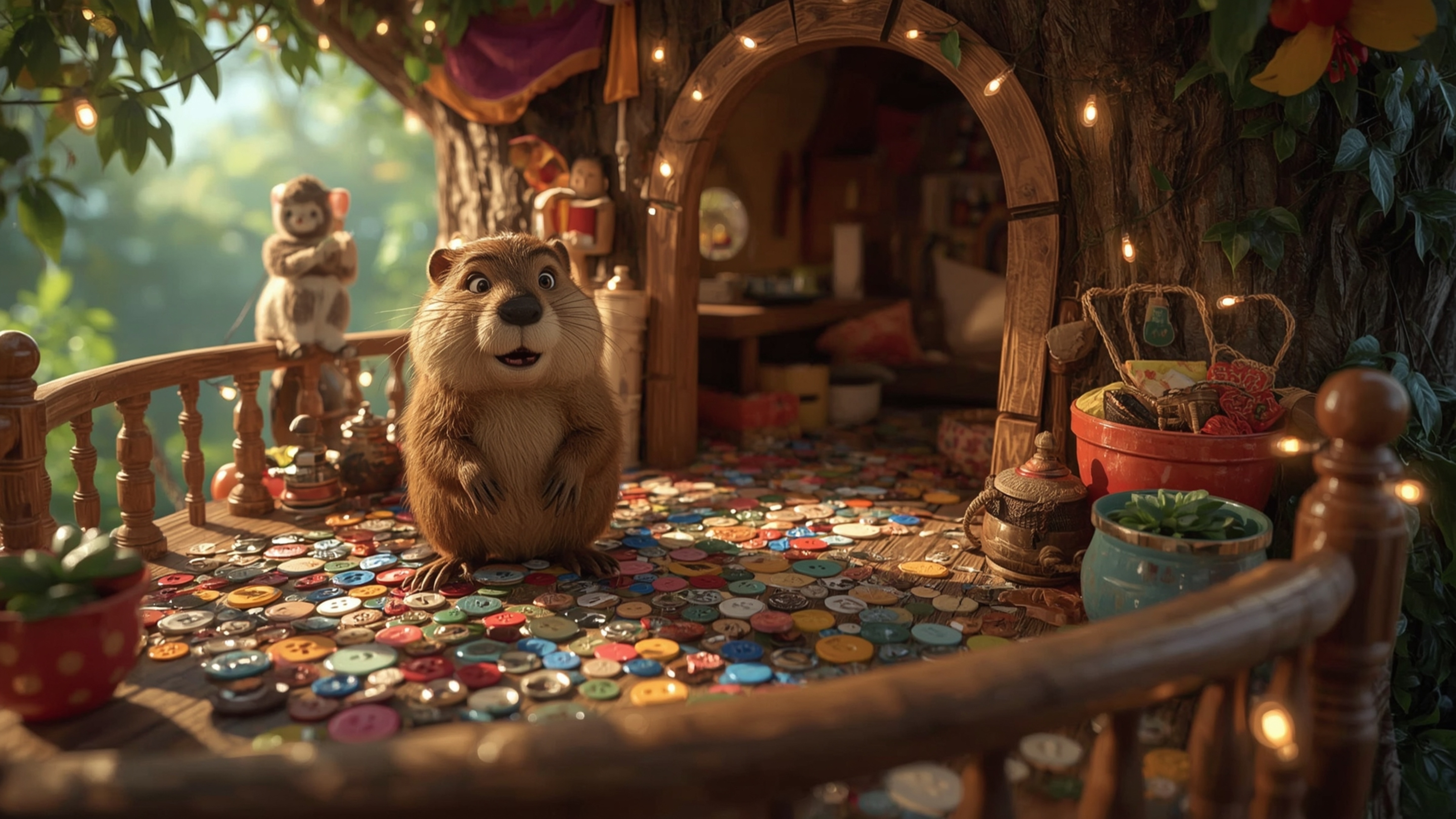 A high-resolution, commercially professional stock photo, reminiscent of Pixar's whimsical style, depicts a busy beaver dilig