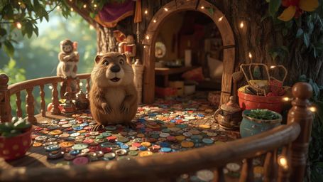 A high-resolution, commercially professional stock photo, reminiscent of Pixar's whimsical style, depicts a busy beaver dilig