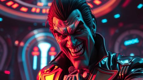 A hilarious image depicting a villain experiencing a comical meltdown within a futuristic, high-tech lair.  Rendered with a c