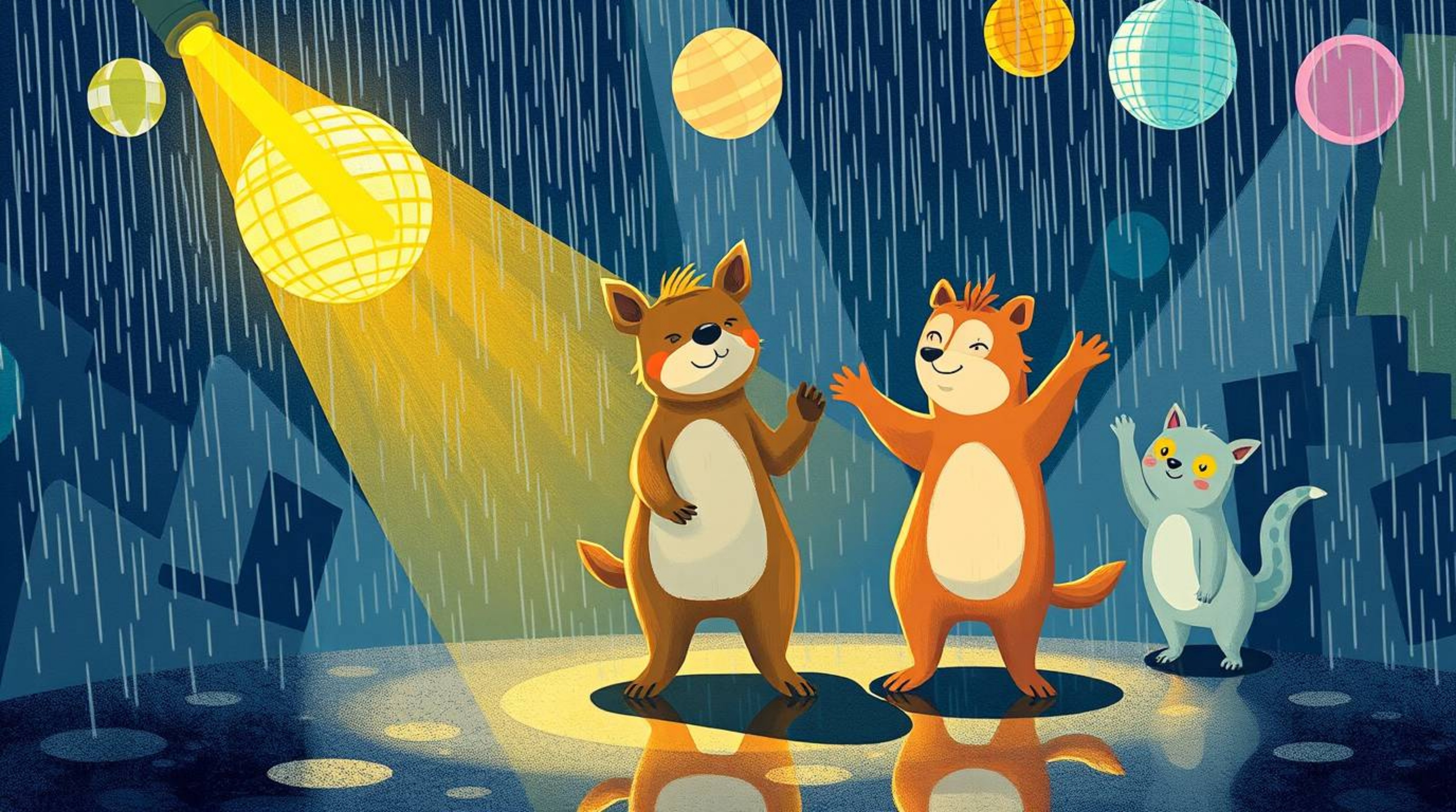A vibrant illustration showcases an energetic animal dance party under disco lights during a rainy night.  Drizzling rain add