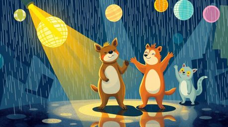 A vibrant illustration showcases an energetic animal dance party under disco lights during a rainy night.  Drizzling rain add