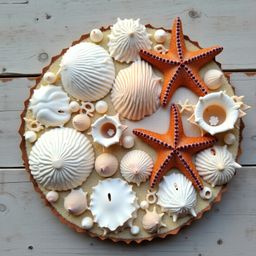 A weathered driftwood table provides a rustic canvas for a carefully arranged collection of ocean finds. Delicate seashells i